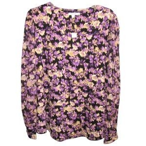 Chicos Floral Organza Balloon Sleeve Top Womens Sz XL 3 Black Purple Jersey New